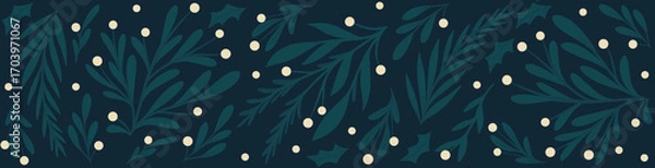 Obraz Premium Luxury Christmas Horizontal Banner with Dark Botanical Greenery and White Berries