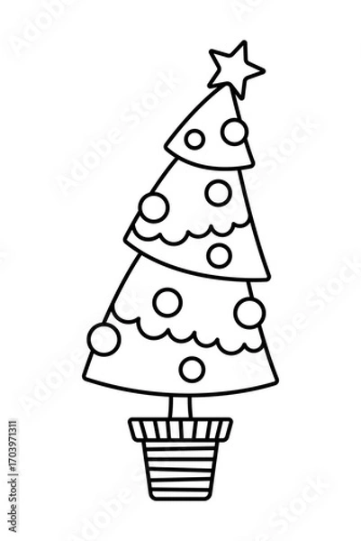 Fototapeta Christmas tree in a pot. Black outline linear silhouette. Editable strokes. Front side view. Vector simple flat graphic illustration. Isolated object on white background. Isolate.