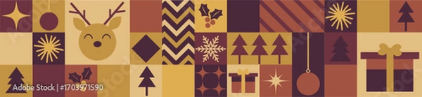 Obraz Retro Bauhaus Christmas Horizontal Banner with Geometric Holiday Icons in Warm Brown and Gold
