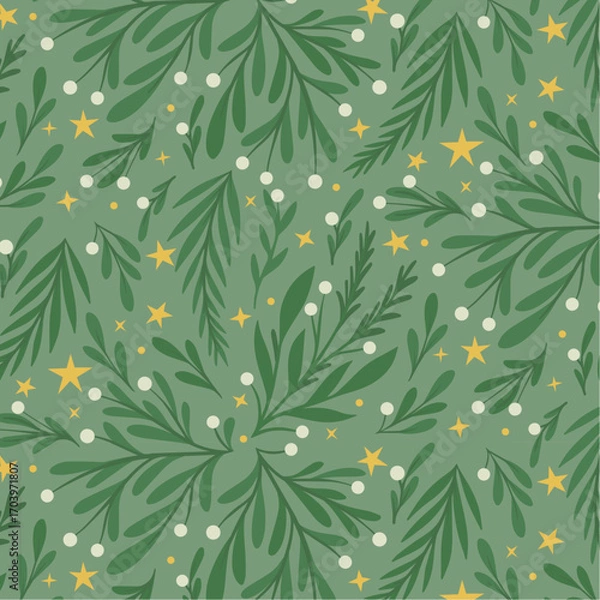 Obraz Mistletoe Botanical Christmas Seamless Pattern with Green Foliage, White Berries and Golden Stars