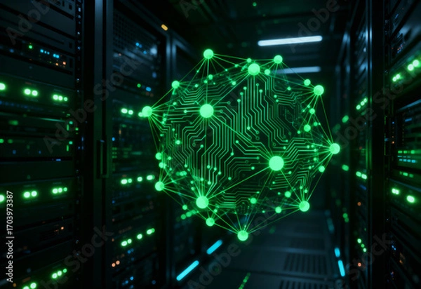 Obraz Abstract Green Blockchain Network with Circuit Board Patterns
