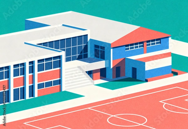 Obraz Bright Isometric School Building and Playground