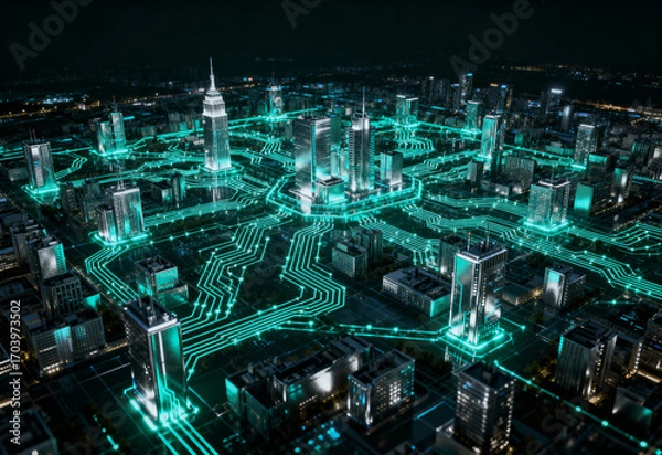 Obraz Complex Blockchain Ecosystem with Layered Circuit Connections