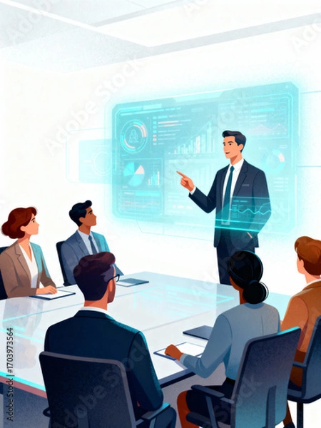 Obraz Corporate Officer Presenting Holographic Data in Boardroom