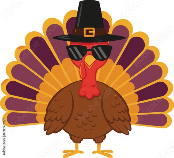 Obraz Funny Thanksgiving turkey cartoon wearing black sunglasses and pilgrim hat with colorful feathers, festive bird illustration for holiday celebration design.