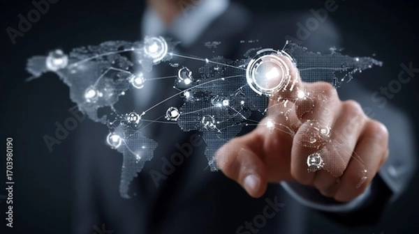 Fototapeta Man interacting with global network on a world map projection, dark backdrop