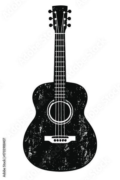 Fototapeta Distressed Black Acoustic Guitar Silhouette Isolated on White Background with Unique Vintage Grunge Texture – An Iconic Musical Instrument Representation for Art, Design, Music, and Creative Projects.