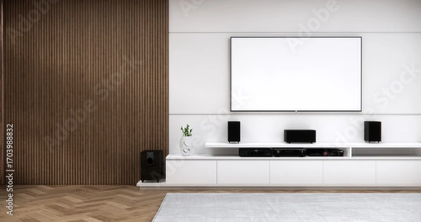 Fototapeta Cabinet wooden japanese design on living room zen style empty wall background.3D rendering