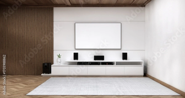 Fototapeta Cabinet wooden japanese design on living room zen style empty wall background.3D rendering
