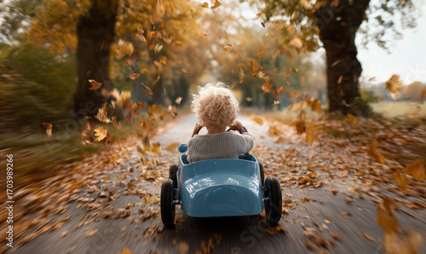 Fototapeta happy little boy playing with toy car in autumn park	
