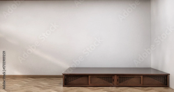 Fototapeta Cabinet wooden japanese design on living room zen style empty wall background.3D rendering