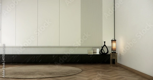 Fototapeta Cabinet wooden japanese design on living room zen style empty wall background.3D rendering