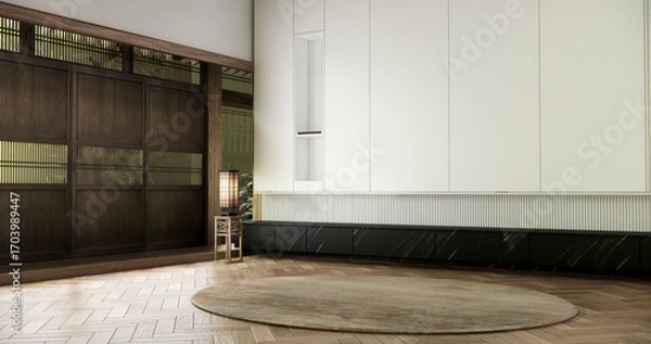 Fototapeta Cabinet wooden japanese design on living room zen style empty wall background.3D rendering