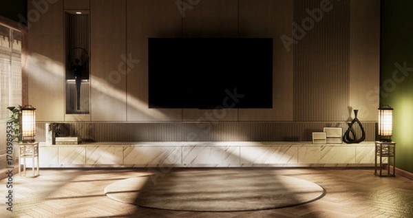 Fototapeta Cabinet wooden japanese design on living room zen style empty wall background.3D rendering