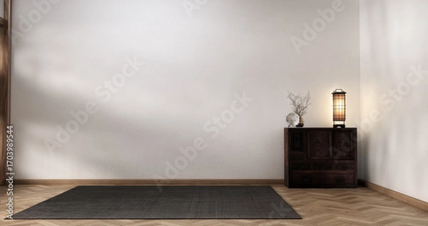 Fototapeta Cabinet wooden japanese design on living room zen style empty wall background.3D rendering