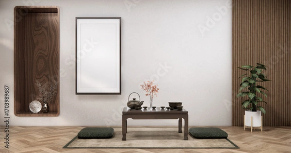 Fototapeta mock up Empty room Shelf wall zen style and decoraion wooden design, earth tone.3D rendering