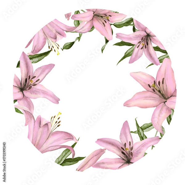 Fototapeta A circular frame of  pink watercolor lilies and green leaves, isolate on a white background. Hand made composition ideal for  wedding designs or gentle floral accents