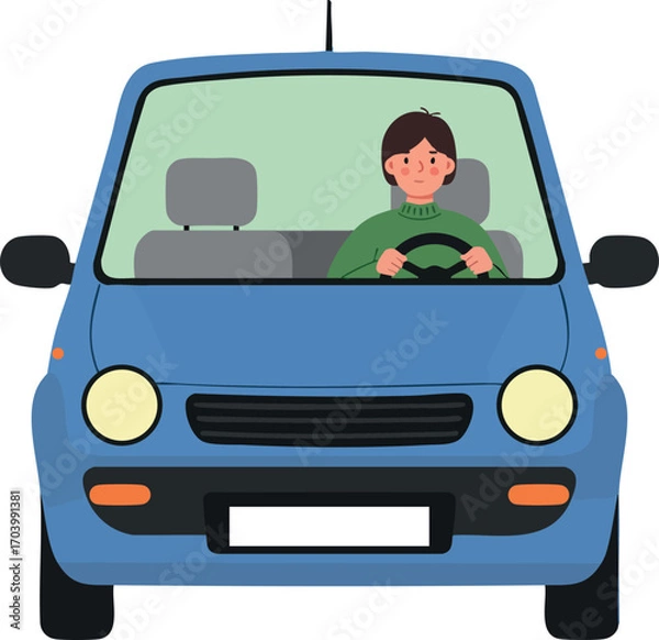 Fototapeta Blue car front view with man driving inside modern vehicle vector illustration