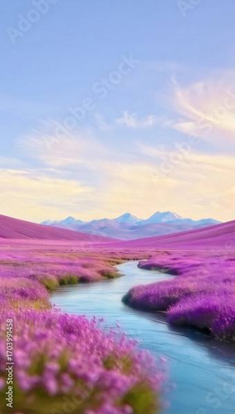 Fototapeta A vibrant landscape with a river flowing through a field of purple flowers under a clear blue sky, creating a picturesque and inviting scene, perfect for evoking feelings of joy and wonder