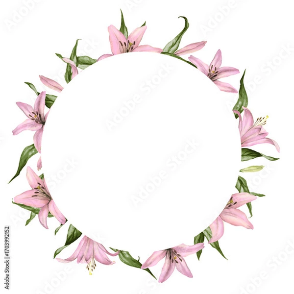 Fototapeta A circular watercolor frame of soft pink lilies and green leaves with a white center for text. Features delicate, painted textures and organic floral forms. Ideal for postcard and invitations.