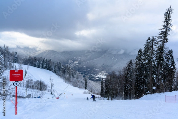Fototapeta A ski slope with skiers surrounded by a winter forest
