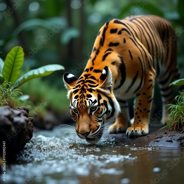 Obraz Wild tiger drinking from flowing stream