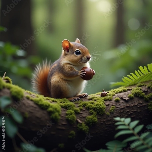 Obraz Small forest rodent on mossy log
