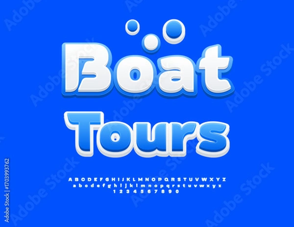 Fototapeta Vector Holiday flyer Boat Tour. Stylish White Font. Modern Cool Alphabet Letters and Numbers set.