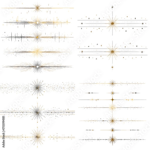 Fototapeta Elegant divider illustration with sparkling stars and glowing light effects in gold and silver tones, perfect for invitations, celebration, and festive decoration.
