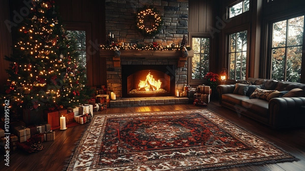 Fototapeta Cozy Winter Hearth: A warm and inviting interior features a decorated Christmas tree and a lit fireplace, creating a festive and comfortable atmosphere.