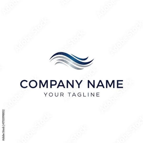 Fototapeta Abstract logo design featuring stylized water waves in shades of blue and gray, positioned above a company name and tagline.