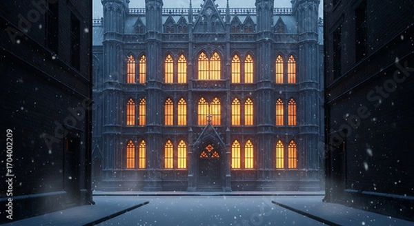 Obraz Gothic building in winter with warm light