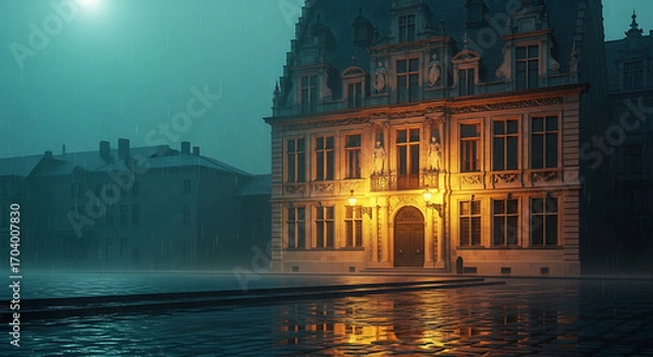Fototapeta Grand building in rain with street reflections