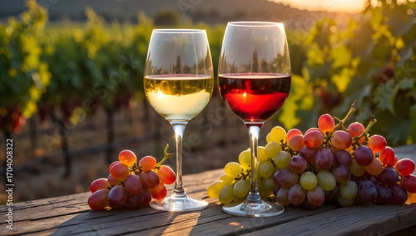 Fototapeta Two wine glasses filled with red and white wine set on a table with grapes in a vineyard at sunset
