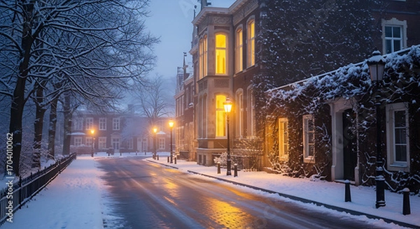 Fototapeta Snowy street scene with illuminated buildings at dusk