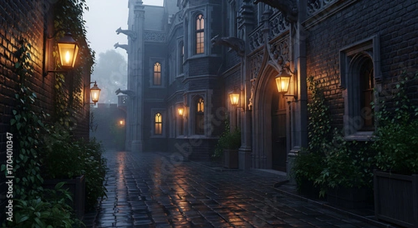 Fototapeta Dark castle alleyway with glowing lanterns in the fog