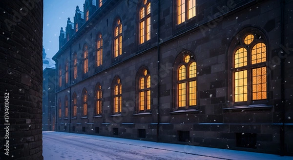 Fototapeta Snowy European building with glowing windows at night