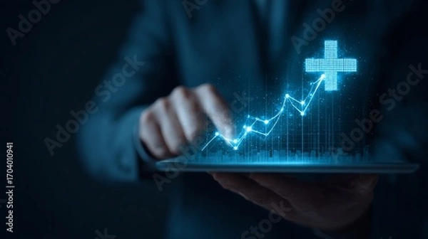 Fototapeta Man touches a digital tablet showing a plus sign and a rising graph