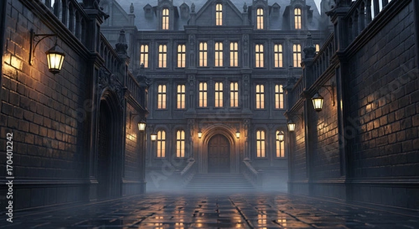 Fototapeta Grand building facade with warm lights in the fog