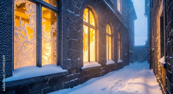 Fototapeta Snowy building facade with illuminated windows at dusk