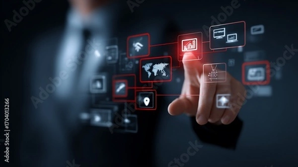 Fototapeta Man touching futuristic interface with glowing icons, blurred background