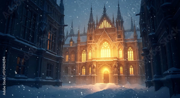 Fototapeta Gothic architecture in winter snowfall at night