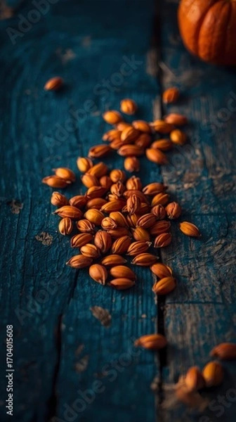 Fototapeta Autumnal Still Life Pumpkin Seeds on Rustic Wooden Table