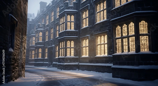 Fototapeta Snowy university courtyard with illuminated windows