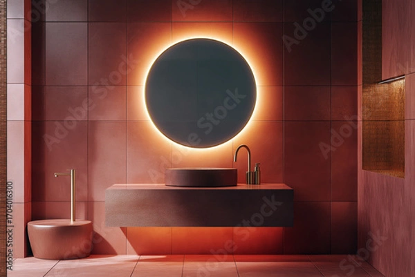 Fototapeta Luxury bathroom with terracotta tiles, floating vanity, round mirror with LED backlight, and golden faucet.