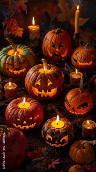 Obraz Enchanting Halloween Jack-o'-Lanterns with Candles and Autumn Leaves