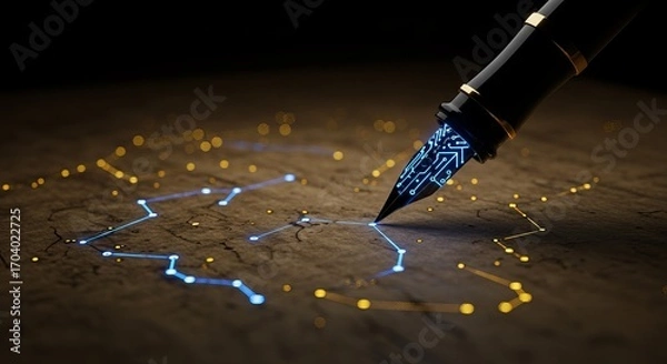 Fototapeta Futuristic pen drawing glowing circuit lines, representing innovation, technology, and digital connection, perfect for business, design, and creative projects