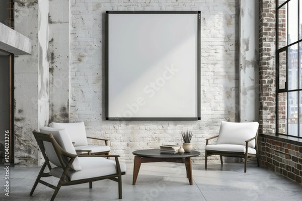 Fototapeta Modern living room with a sofa, minimalist decor, and large blank canvases on the wall.