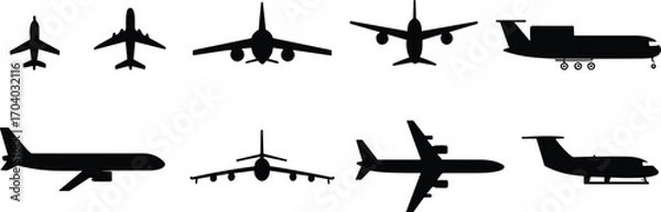 Fototapeta Collection of airplane silhouettes in multiple views, front, top, and side positions, black aircraft icons, aviation vector illustration, travel and transportation concept