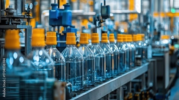 Fototapeta A row of clear plastic bottles with yellow caps on a conveyor belt in a manufacturing plant.